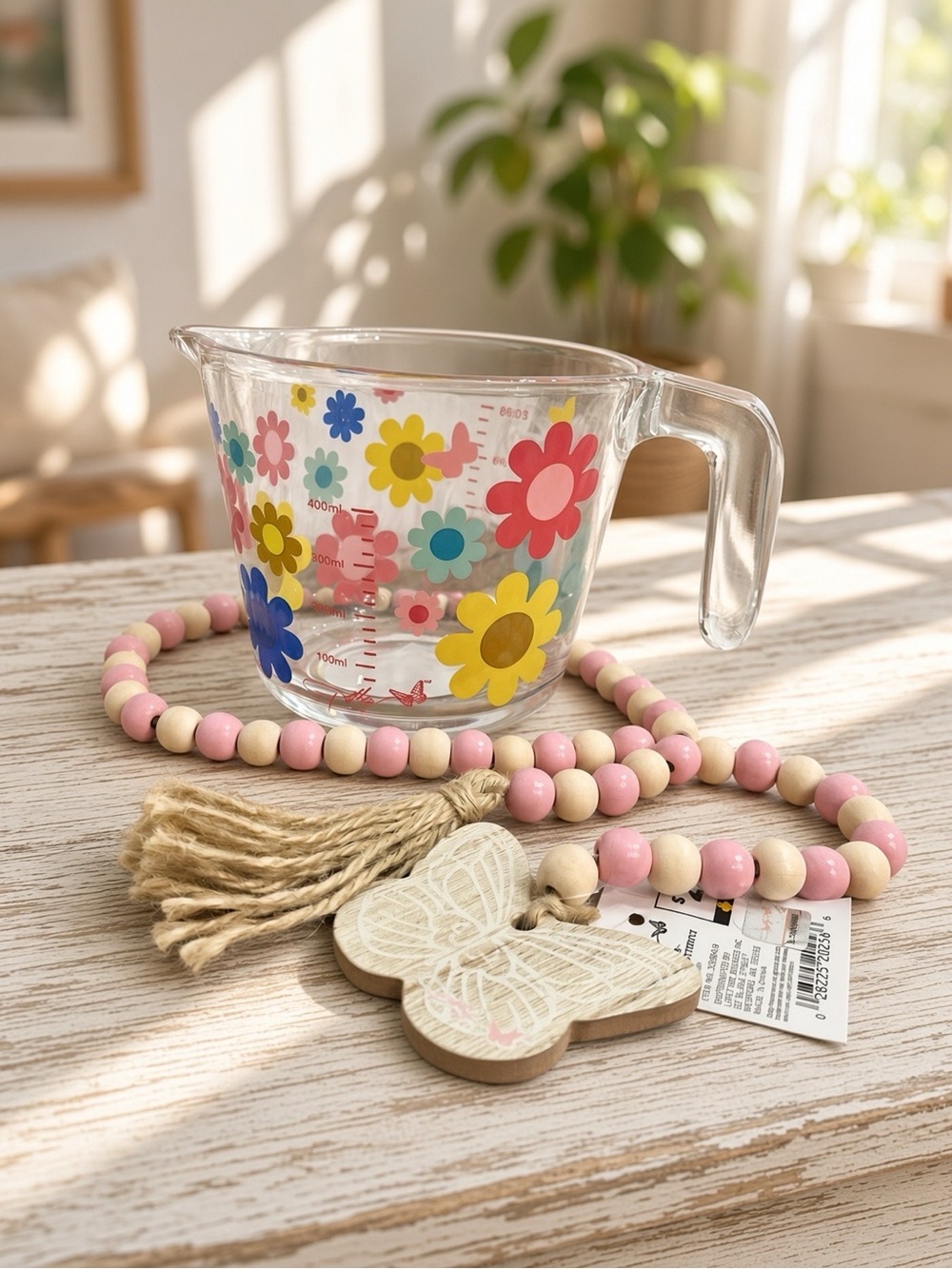NWT Dolly Parton 2-Cup Glass Measuring Cup Floral Wildflower Spring + Bead Garla